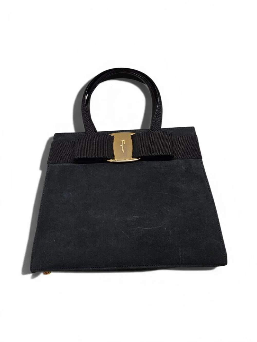 Salvatore Ferragamo Black Vara Bow Handbag In Navy Blue Suede And Gold